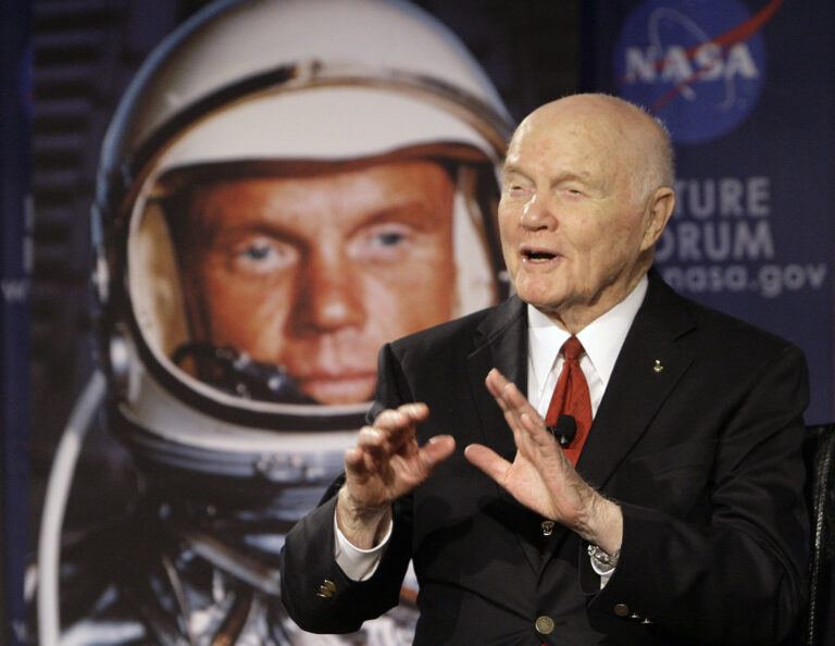 FILE - In this Feb. 20, 2012, file photo, U.S. Sen. John Glenn talks with astronauts on the International Space Station via satellite before a discussion titled "Learning from the Past to Innovate for the Future" in Columbus, Ohio. Glenn, who was the first U.S. astronaut to orbit Earth and later spent 24 years representing Ohio in the Senate, has died at 95. (AP Photo/Jay LaPrete, File) (AP)