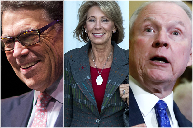 Rick Perry; Betsy DeVoes; Jeff Sessions (AP/David Goldman/Getty/Drew Angerer/AP/Carolyn Kaster)