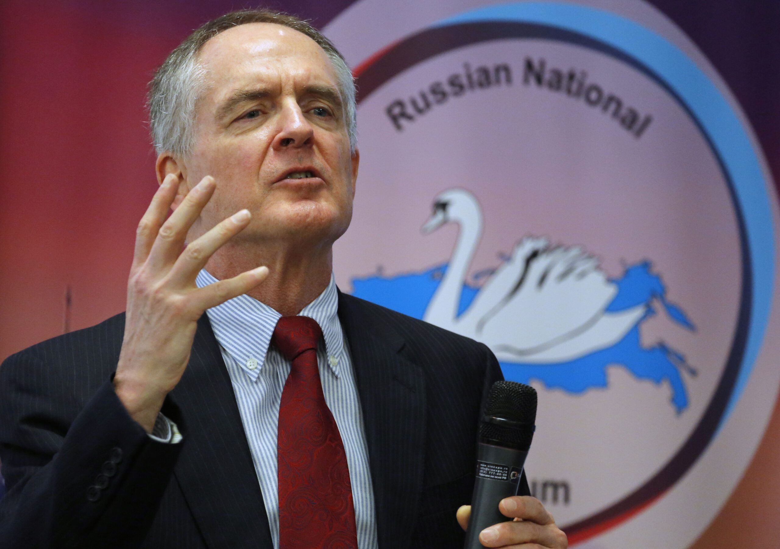 FILE - In a March 22, 2015 file photo, U.S. writer Jared Taylor, author of the book "White Identity" speaks during the International Russian Conservative Forum in St.Petersburg, Russia. Taylor, a Yale University-educated, self-described “race realist, ” runs the New Century Foundation. The federal government has allowed four groups at the forefront of the white nationalist movement, including the New Century Foundation, to register as charities and raise more than $7.8 million in tax-deductible donations over the past decade, according to an Associated Press review. (AP Photo/Dmitry Lovetsky, File) (AP)