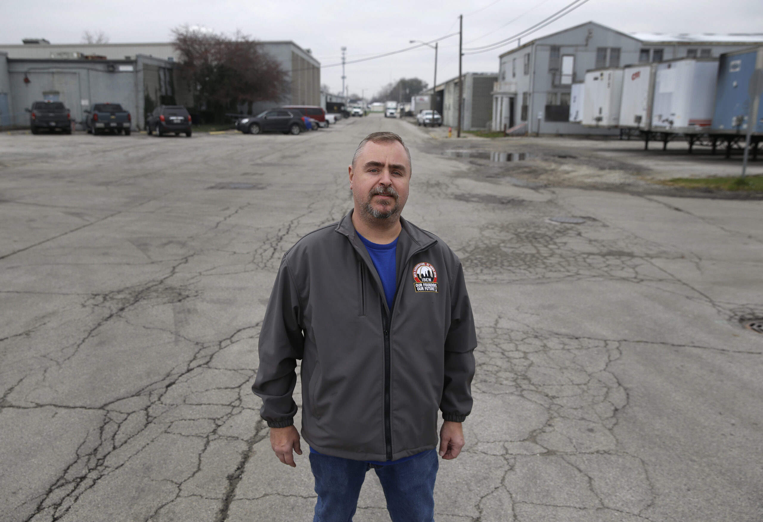 Mike Harmon, of Huntington, Ind., poses outside his union's meeting hall in Huntington, Ind., Tuesday, Dec. 6, 2016. Harmon, whose wife also works at the factory, said it's his third factory closing. He's worried he won't find anything close to the $17 an hour United Technologies provides. The couple has two children in college and two in high school and is doing what he called "major couponing" and cutting back on non-necessities. (AP Photo/Michael Conroy) (AP)