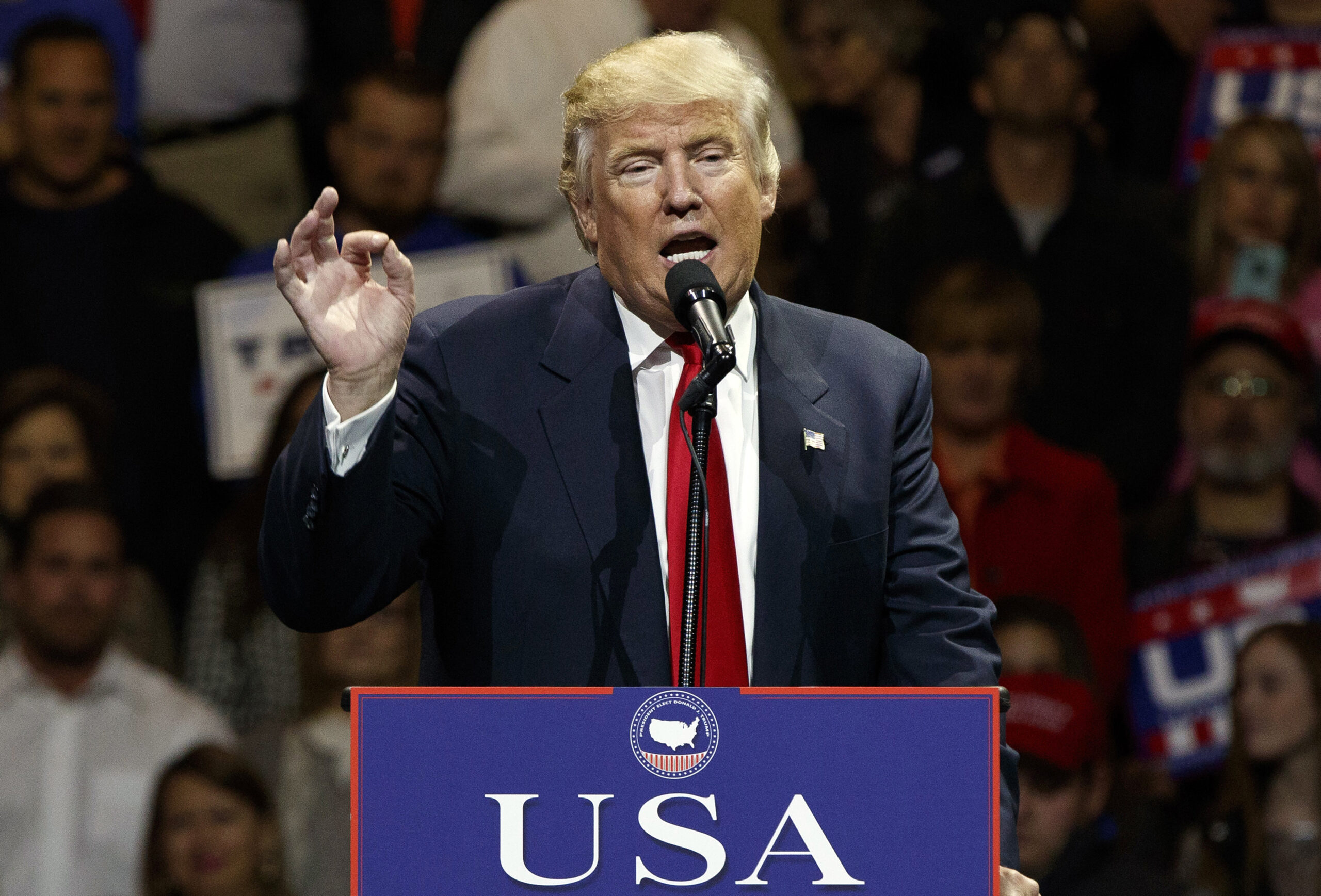 FILE - In this Dec. 1, 2016, photo, President-elect Donald Trump gestures as he speaks during a "USA Thank You" tour event in Cincinnati. Russia’s government staunchly denies reports that it tampered in the U.S. election or supported either candidate, but once the results were in, members of President Vladimir Putin’s United Russia party didn’t hold back. (AP Photo/Evan Vucci) (AP)