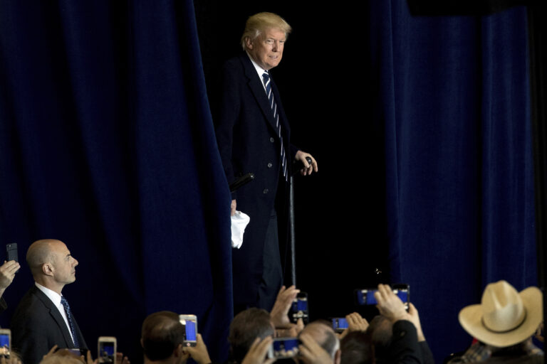President-elect Donald Trump arrives for a rally in a DOW Chemical Hanger at Baton Rouge Metropolitan Airport, Friday, Dec. 9, 2016, in Baton Rouge, La. (AP Photo/Andrew Harnik) (AP)