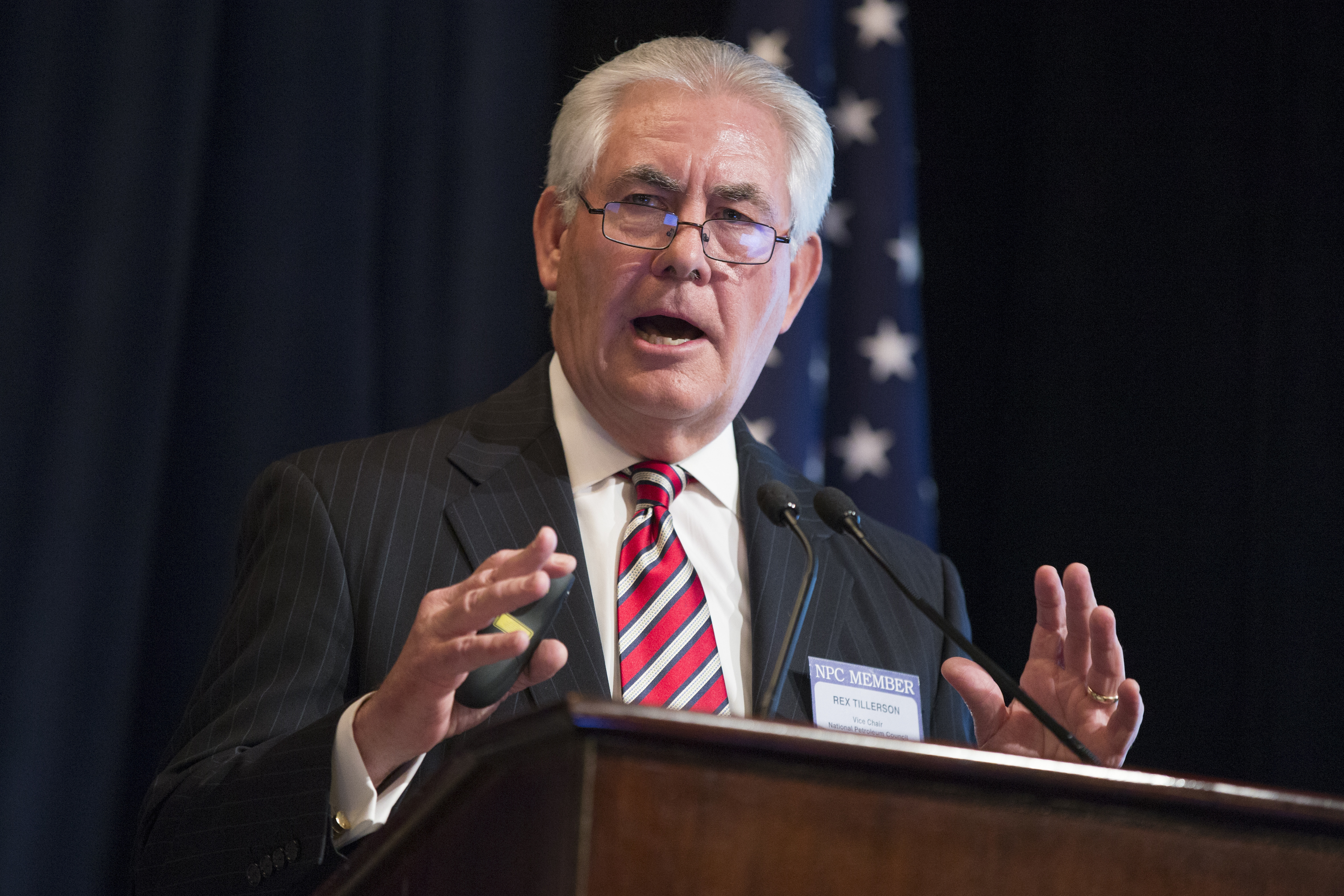 FILE - In this Friday, March 27, 2015 file photo, ExxonMobil CEO Rex Tillerson delivers remarks on the release of a report by the National Petroleum Council on oil drilling in the Arctic, in Washington. On Saturday, Dec. 10, 2016, President-elect Donald Trump moved closer to nominating Tillerson as his secretary of state, meeting privately with the business leader for the second time in a week. (AP Photo/Evan Vucci, File) (AP)