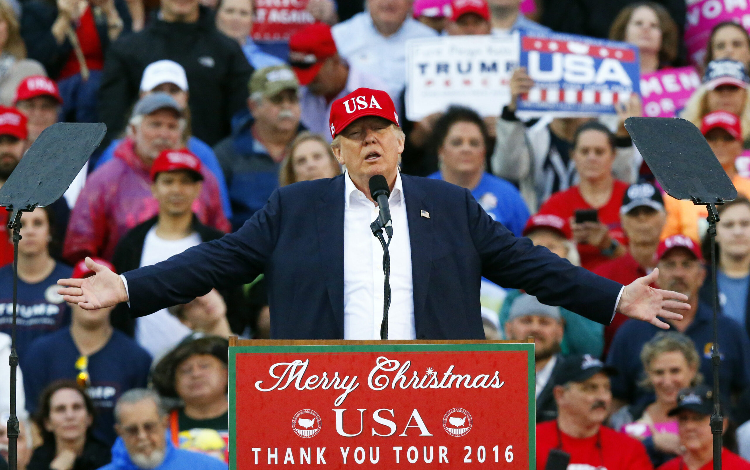 In this Dec. 17, 2016, photo, President-elect Donald Trump speaks during a rally at the Ladd–Peebles Stadium in Mobile, Ala. Trump will be the first U.S. president to have ever owned a casino, and the gambling industry is wondering how he will handle three major issues: internet gambling, sports betting and daily fantasy sports. The industry has sent its wish list to the president-elect. (AP Photo/Brynn Anderson) (AP)