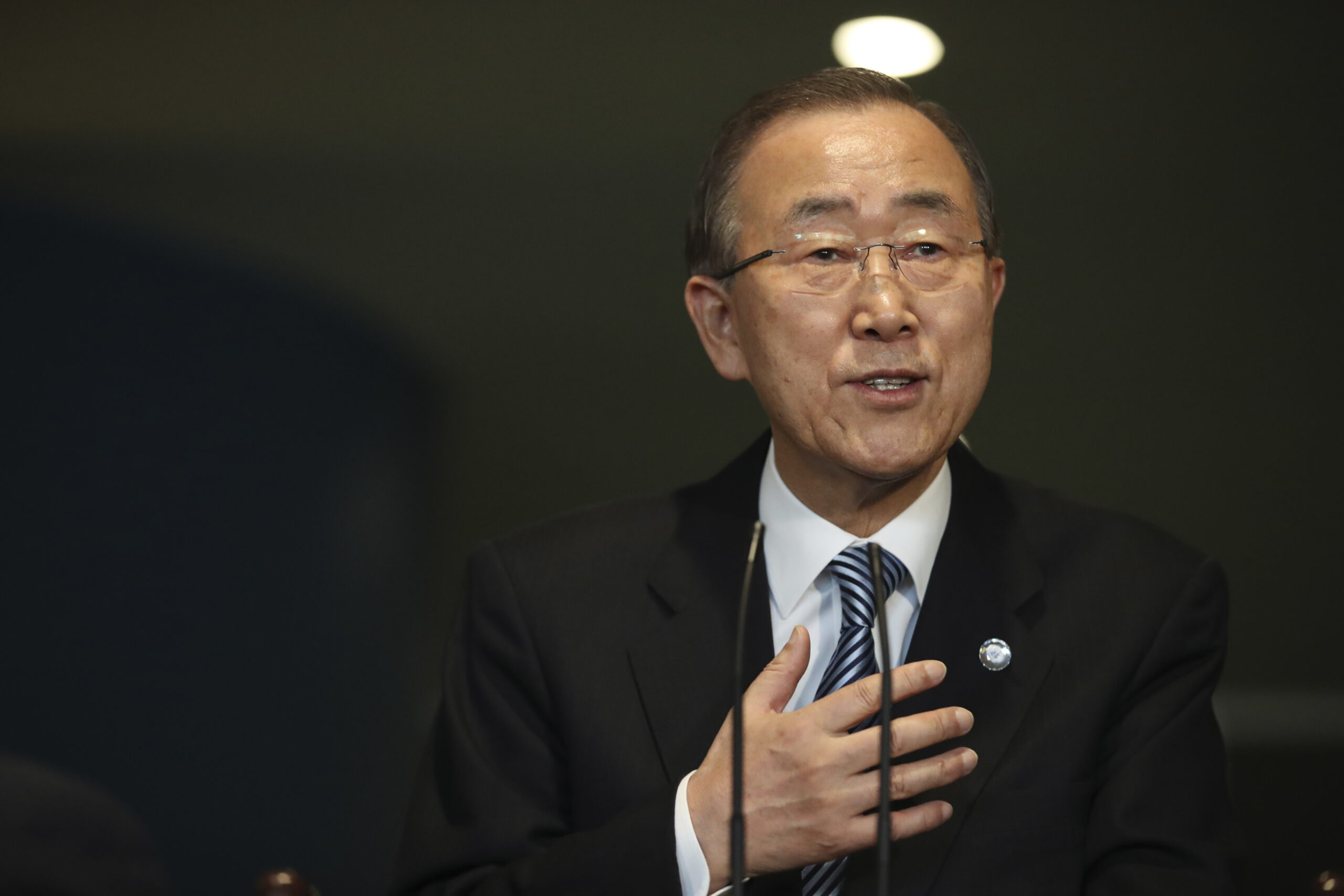 United Nations Secretary-General Ban Ki-moon addresses his staff on his last day at the U.N. headquarters, Friday, Dec. 30, 2016. (AP Photo/Mary Altaffer)