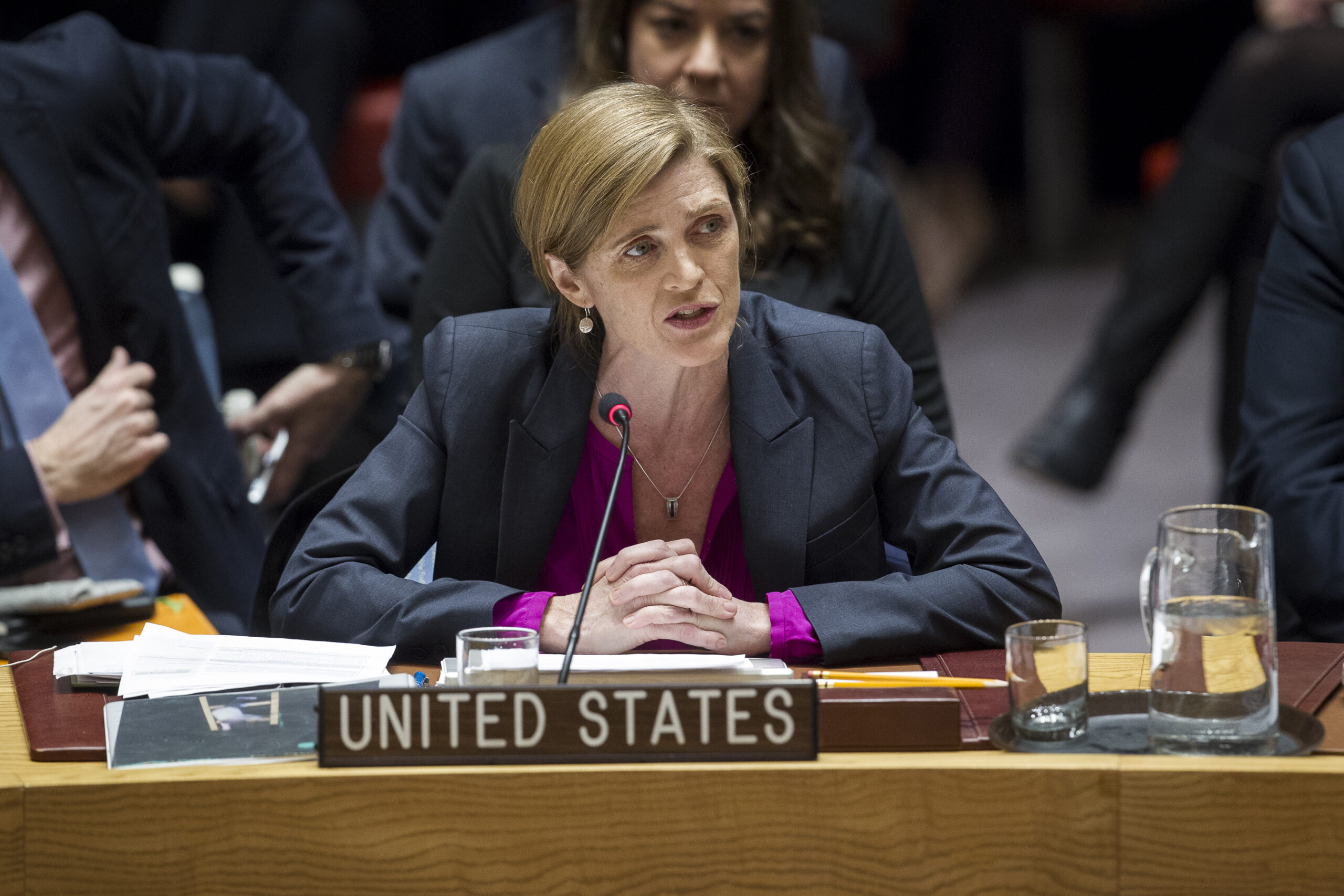 In this photo provided by the United Nations, Samantha Power, U.S. Ambassador to the United Nations, addresses the United Nations Security Council, after the council voted on condemning Israel's settlements in the West Bank and east Jerusalem, Friday, Dec. 23, 2016 at United Nations Headquarters.  In a striking rupture with past practice, the United States allowed the U.N. Security Council on Friday to condemn Israel. (AP)