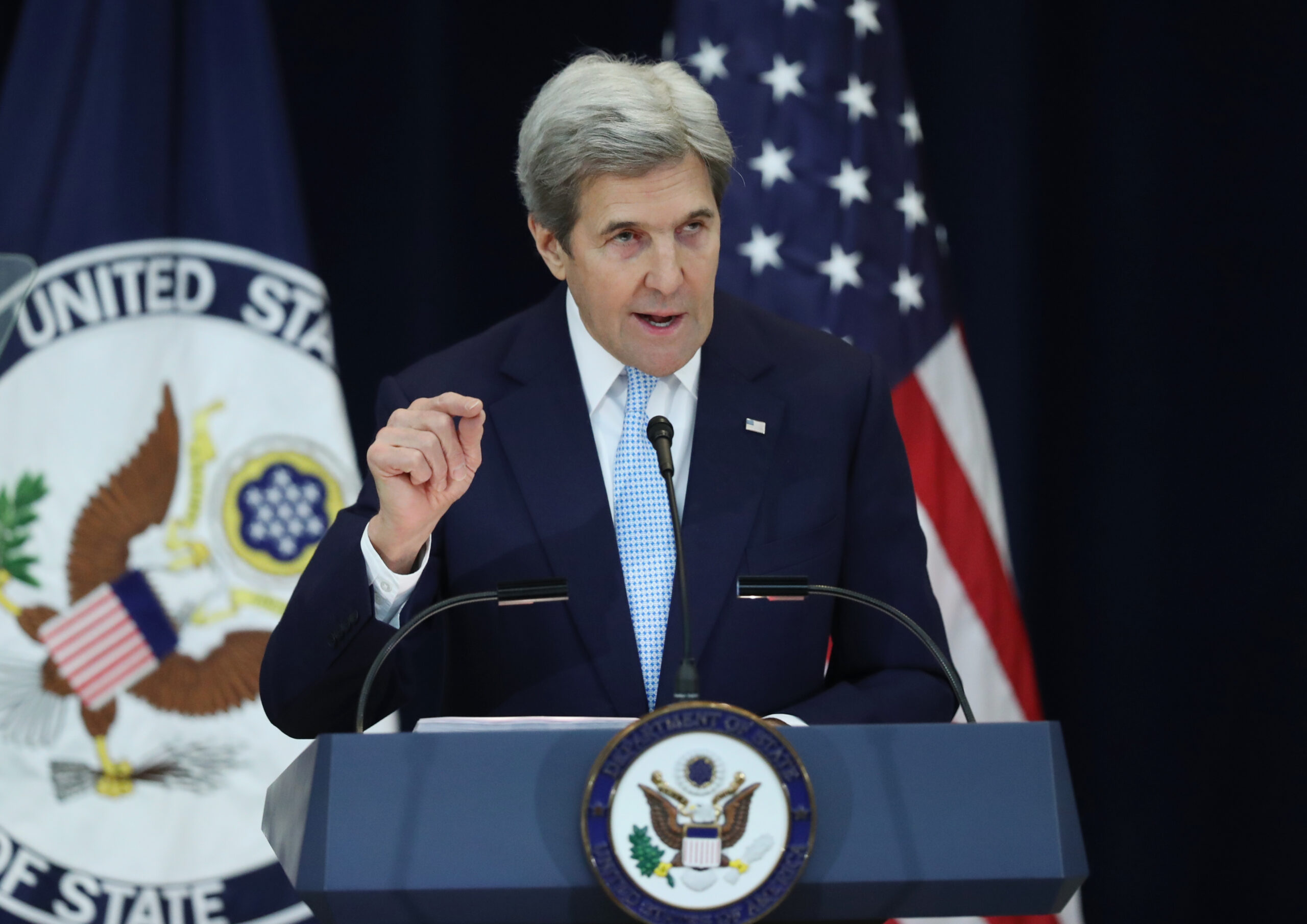 Secretary of State John Kerry speaks about Israeli-Palestinian policy, Wednesday, Dec. 28, 2016, at the State Department in Washington. (AP Photo/Andrew Harnik) (AP)