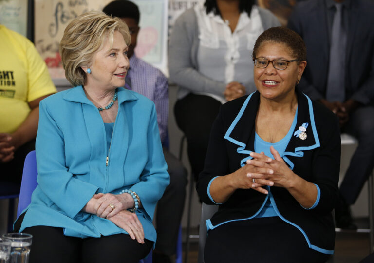 Rep. Karen Bass, D-Calif., right,is shown with Hillary Clinton in May. (AP)