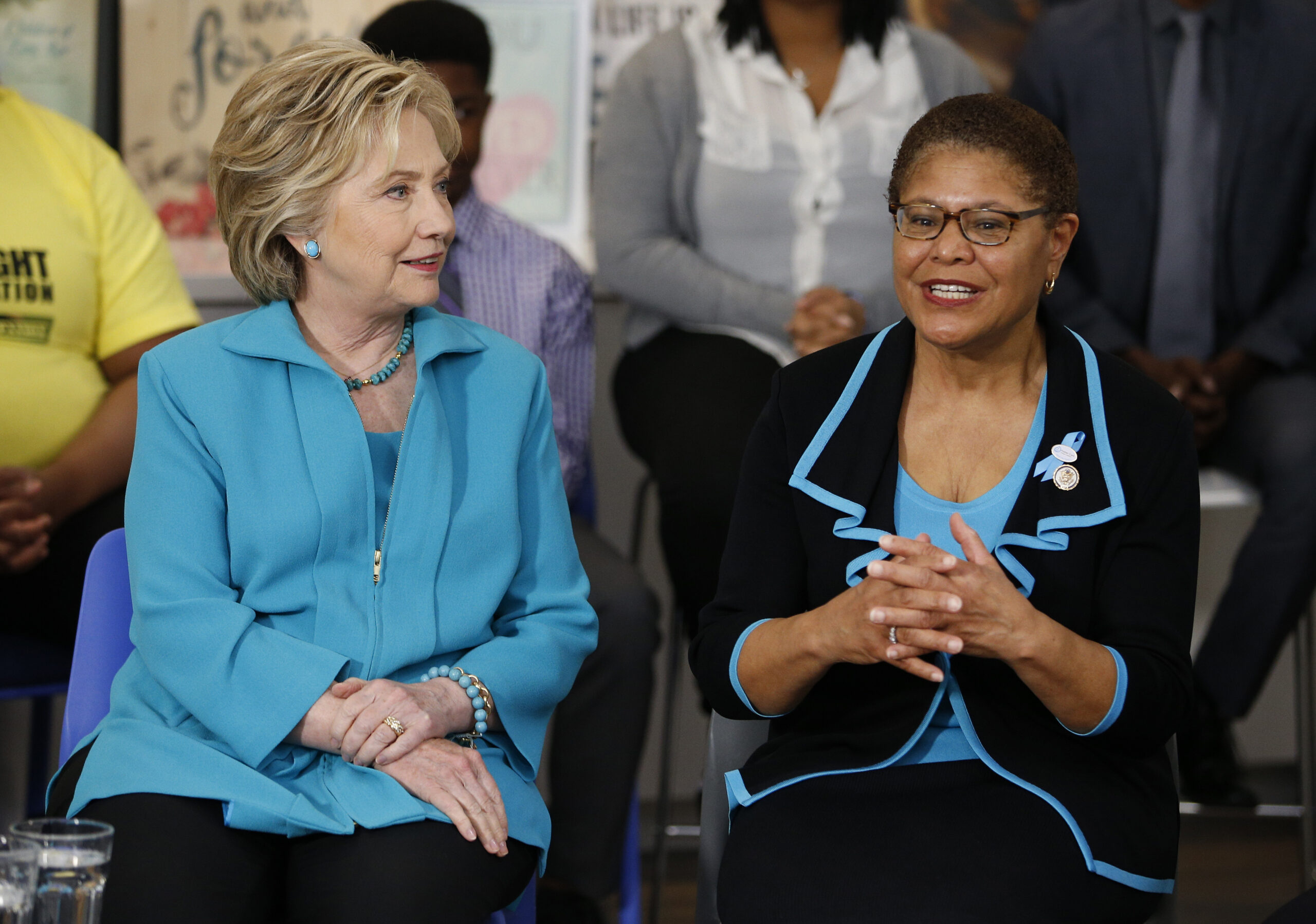 Rep. Karen Bass, D-Calif., right,is shown with Hillary Clinton in May. (AP)