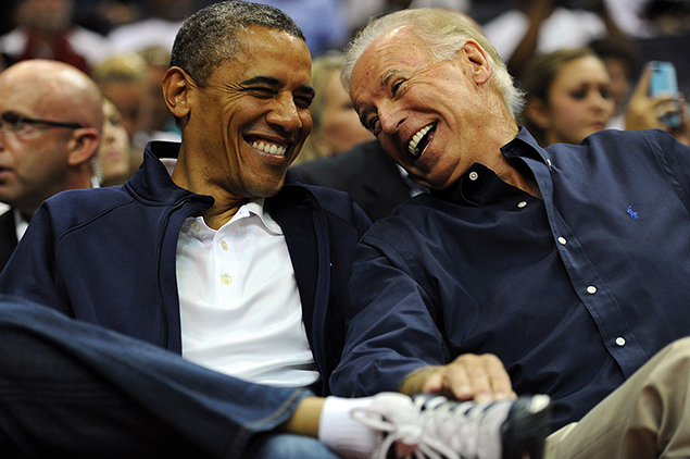 WASHINGTON, DC - JULY 16: U.S. President Barack Obama and Vice President Joe Biden share a laugh as the US Senior Men's National Team and Brazil play during a pre-Olympic exhibition basketball game at the Verizon Center on July 16, 2012 in Washington, DC. (Photo by Patrick Smith/Getty Images) (Getty Images)