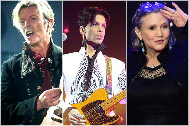 David Bowie; Prince; Carrie Fisher (Getty/Nils Meilvang/Bertrand Guay/Leon Neal)