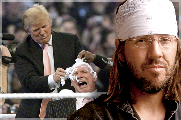 Donald Trump shaves the head of Vince McMahon at Wrestlemania 23, April 1, 2007; David Foster Wallace (AP/Carlos Osorio/Hachette/Salon)