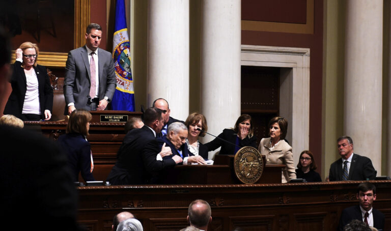 Minnesota Gov. Mark Dayton collapses while giving his annual State of the State address at the state Capitol in St. Paul, Minn., Monday, Jan. 23, 2017.  The 69-year-old Democrat was helped into a back room and appeared to be conscious. (Scott Takushi/Pioneer Press via AP) (AP)