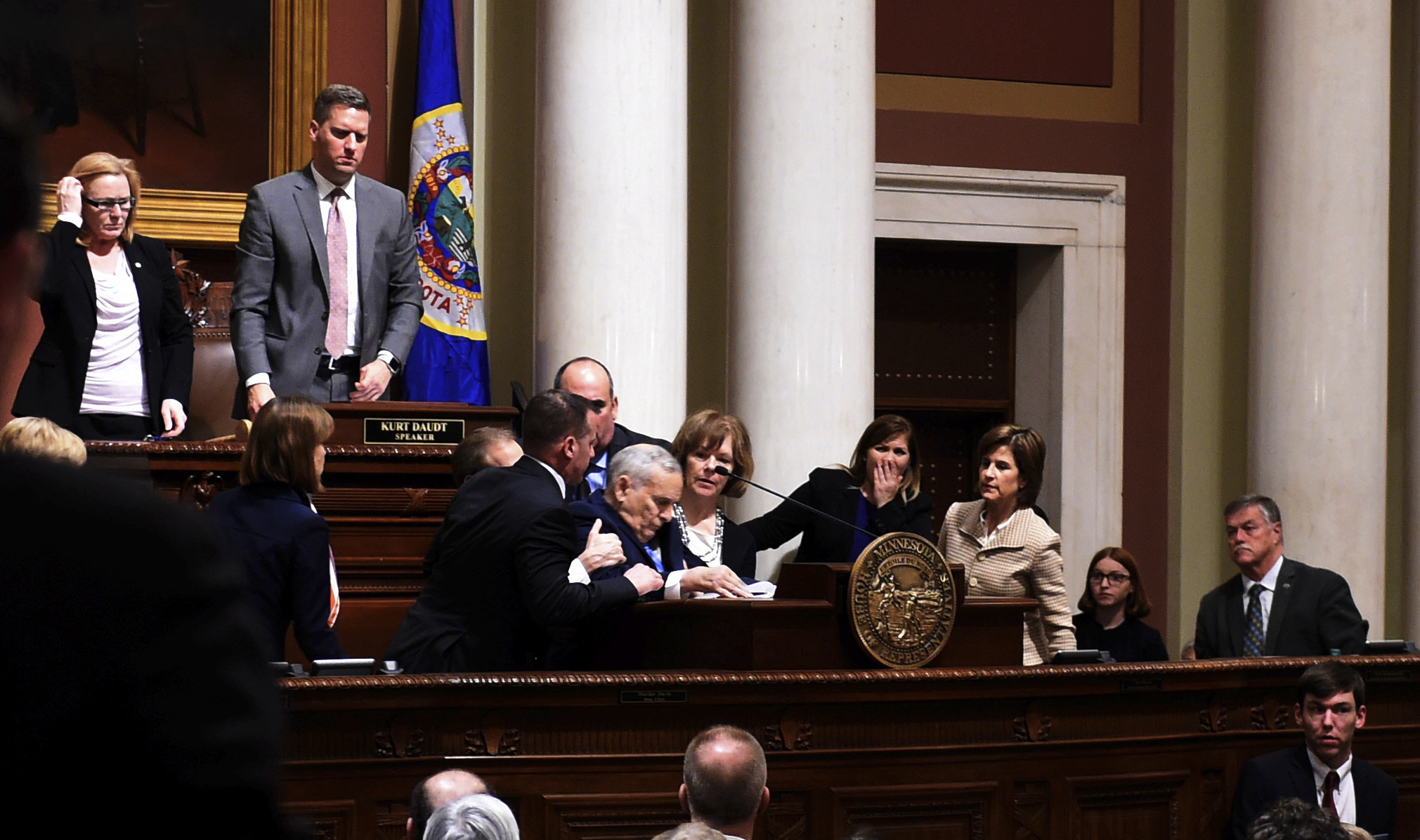 Minnesota Gov. Mark Dayton collapses while giving his annual State of the State address at the state Capitol in St. Paul, Minn., Monday, Jan. 23, 2017.  The 69-year-old Democrat was helped into a back room and appeared to be conscious. (Scott Takushi/Pioneer Press via AP) (AP)
