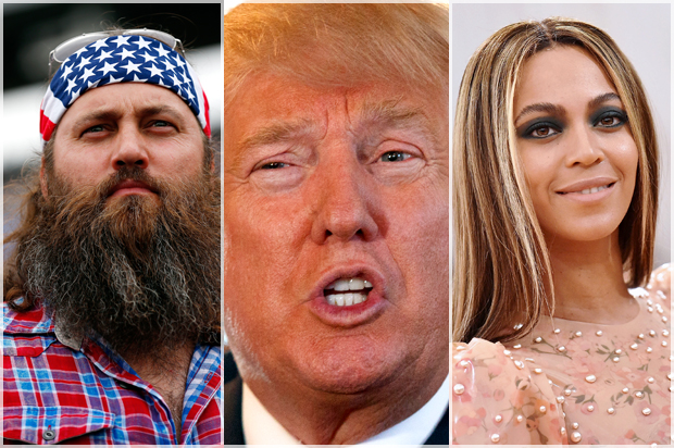 Willie Robertson; Donald Trump; Beyonce (Getty/Tom Pennington/AP/Evan Vucci/Getty/Mike Coppola)