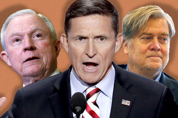 Jeff Sessions. Michael Flynn and Steve Bannon (AP/Carolyn Kaster/J. Scott Applewhite/Gerald Herbert)
