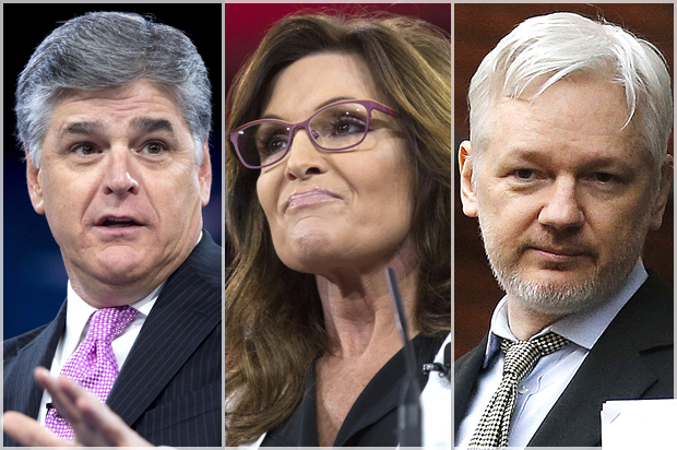 Sean Hannity; Sarah Palin; Julian Assange (Getty/Saul Loeb/Jeff Malet, maletphoto.com/AP/Frank Augstein)