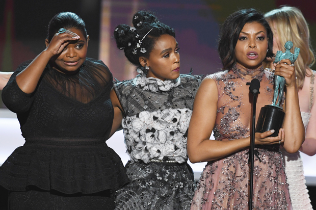 Octavia Spencer, Janelle Monae and Taraji P. Henson accept Outstanding Performance by a Cast in a Motion Picture for 'Hidden Figures' at the Screen Actors Guild Awards, January 29, 2017 in Los Angeles. (Getty/Kevin Winter)