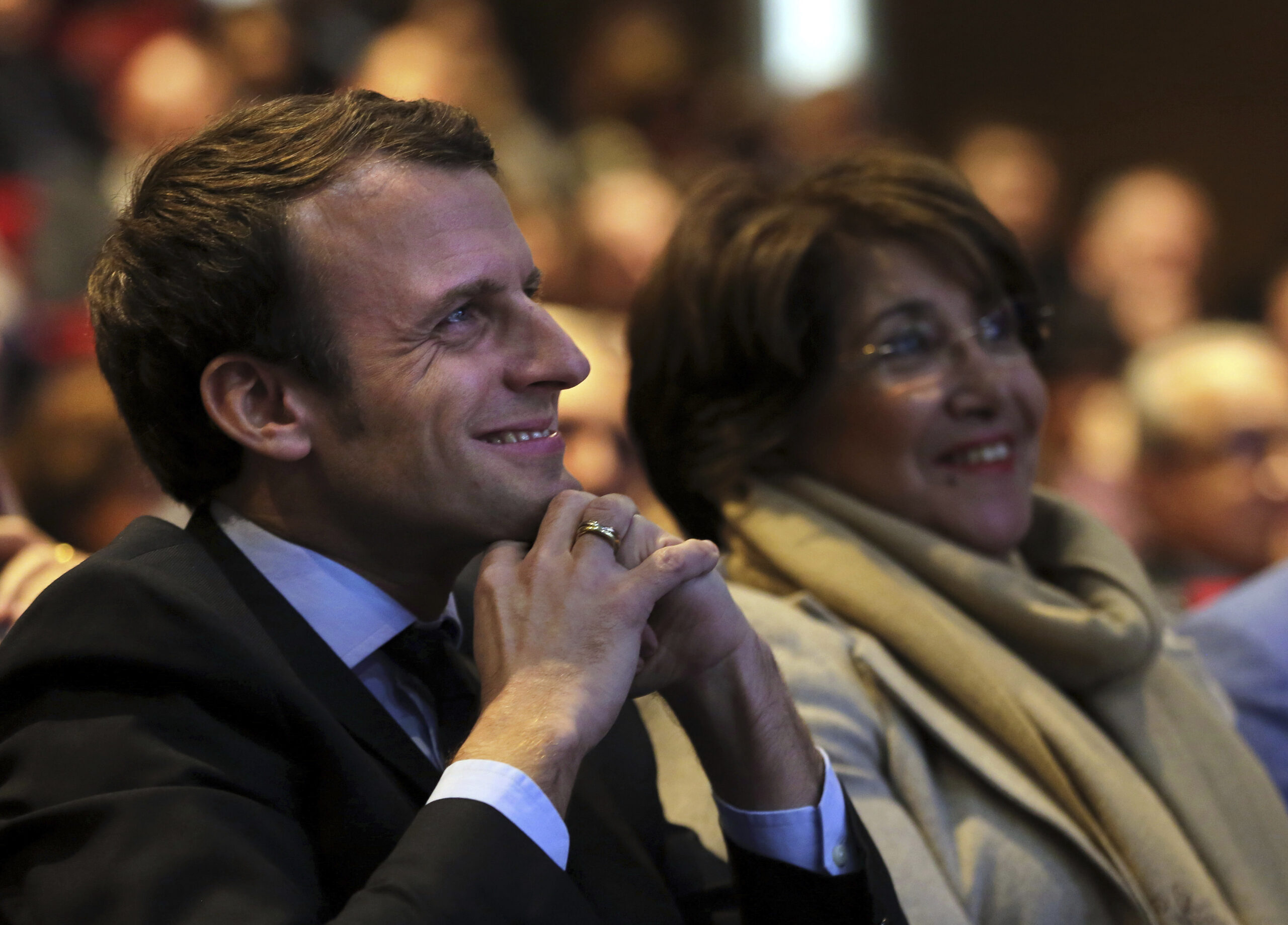 French presidential candidate and former French Economy Minister Emmanuel Macron, meets the French and Lebanese community during a conference at the Ecole Superieure des Affairs (ESA Business School) in Beirut, Lebanon, Monday, Jan. 23, 2017. (AP Photo/Bilal Hussein) (AP)