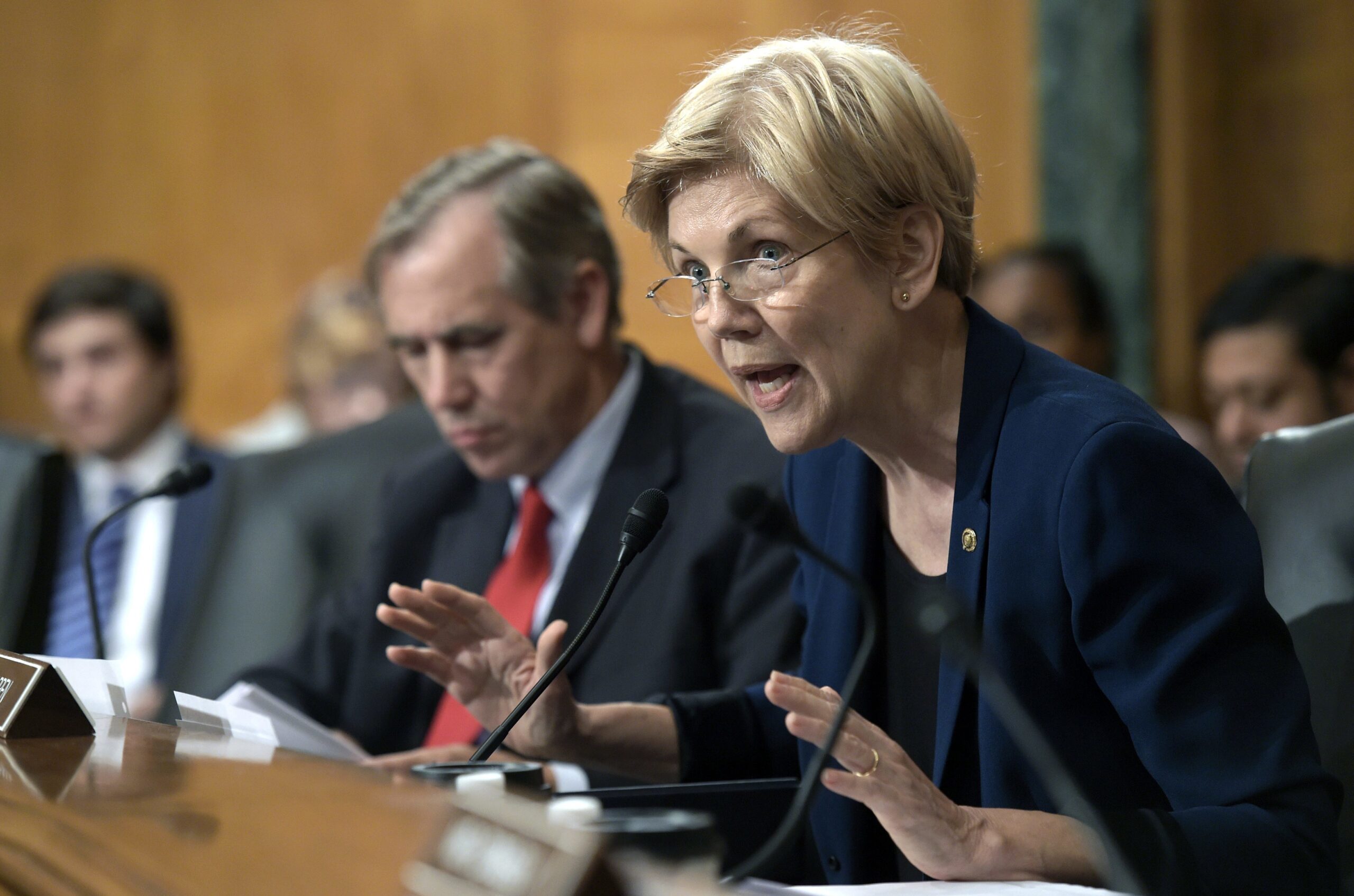 FILE - Sen. Elizabeth Warren, D-Mass., calls for halt to confirmation hearings until cabinet nominees pass standard ethics and background checks. (AP Photo/Susan Walsh, File) (AP)