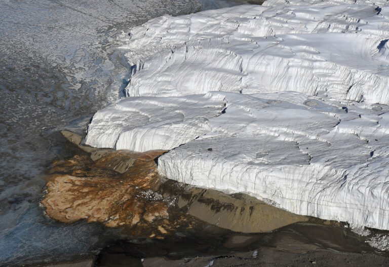 FILE - This Nov. 11, 2016 file photo shows Blood Falls, bottom left, and the Taylor Glacier near McMurdo Station, Antarctica. (Mark Ralston/Pool Photo via AP, File) (AP)