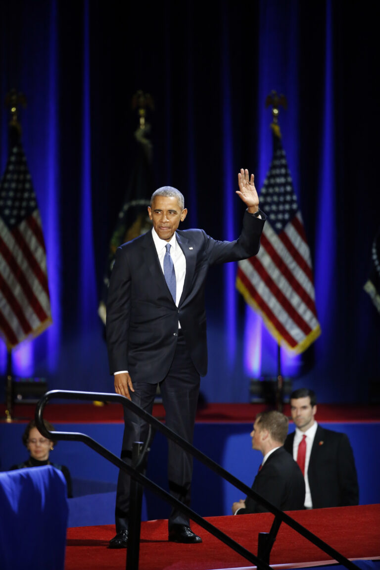 President Barack Obama waves as he arrives to give his presidential farewell address at McCormick Place in Chicago, Tuesday, Jan. 10, 2017. (AP Photo/Charles Rex Arbogast) (AP)