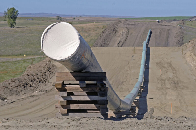 This Sept. 29, 2016 file photo, shows a section of the Dakota Access Pipeline under construction near the town of St. Anthony in Morton County, N.D. (Tom Stromme/The Bismarck Tribune via AP, File)