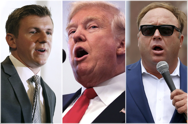 James O'Keefe; Donald Trump; Alex Jones (Getty/Chip Somodevilla/Reuters/Lucas Jackson)