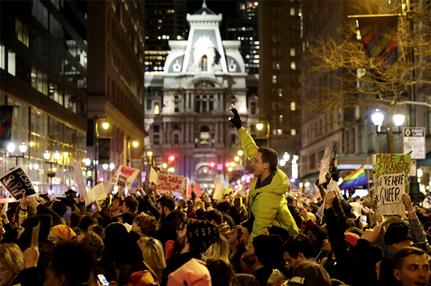 People protest outside the Republican congressional retreat, Wednesday, Jan. 25, 2017, in Philadelphia (AP/Matt Slocum)