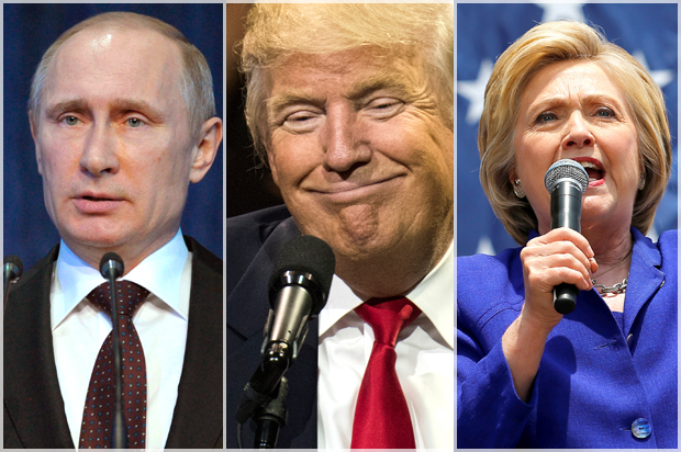 Vladimir Putin; Donald Trump; Hillary Clinton (AP/Alexei Druzhinin/Getty/Ty Wright/Reuters/Mike Blake)