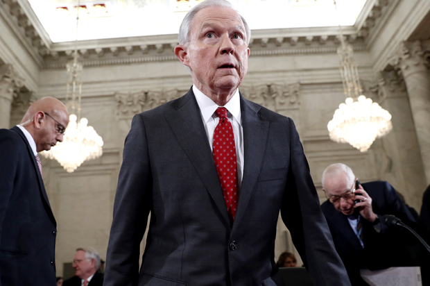 Jeff Sessions takes his seat on Capitol Hill at his confirmation hearing (AP/Alex Brandon)
