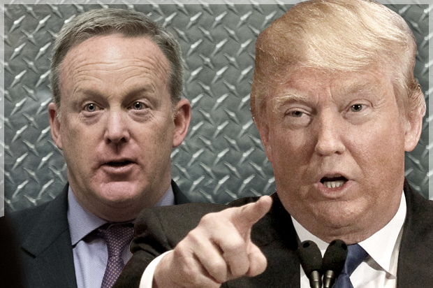 Sean Spicer; Donald Trump (Getty/Drew Angerer/Reuters/Rick Wilking/Photo montage by Salon)