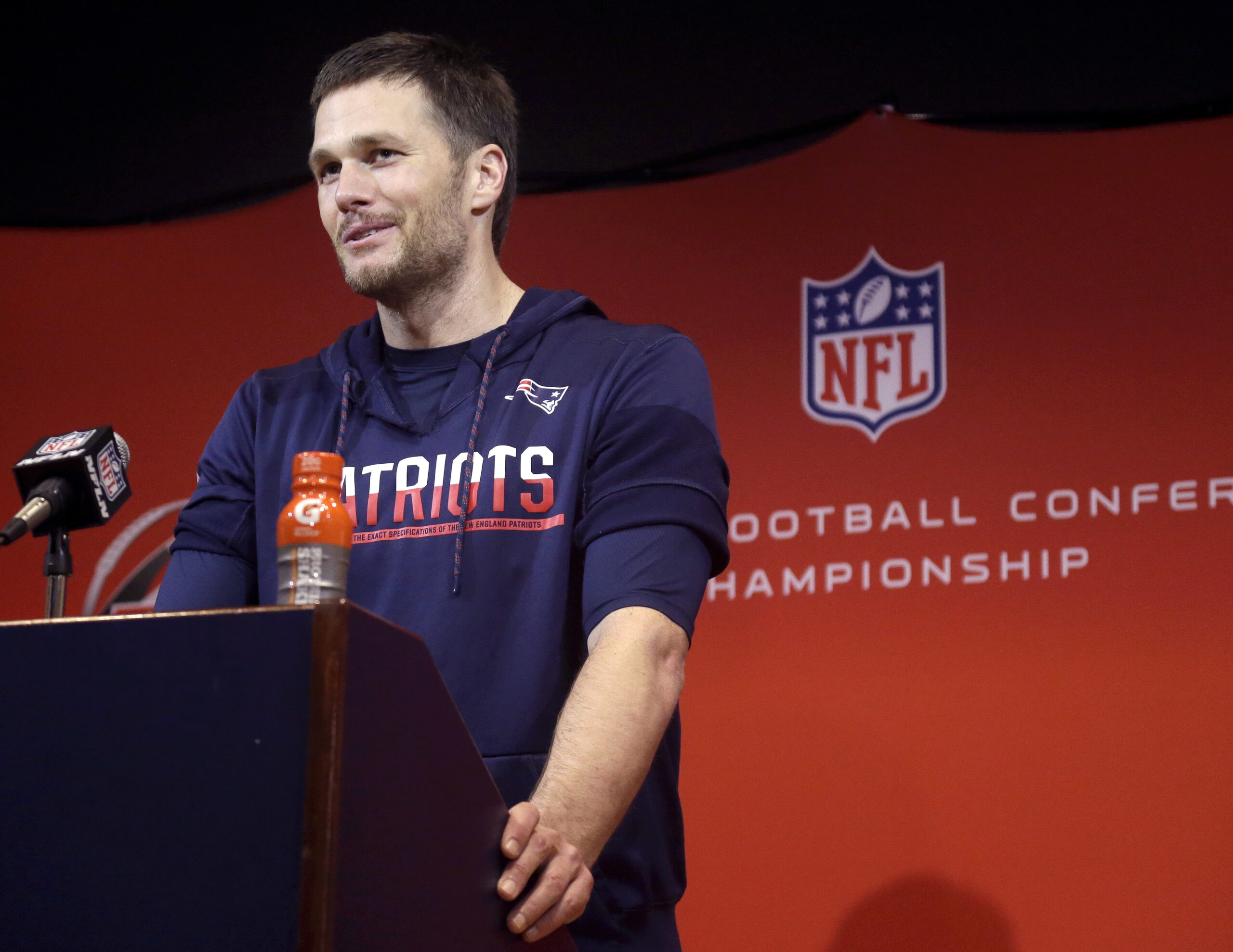 New England Patriots quarterback Tom Brady talks during a news conference after the AFC championship NFL football game against the Pittsburgh Steelers, Sunday, Jan. 22, 2017, in Foxborough, Mass. The Patriots defeated the the Steelers 36-17 to advance to the Super Bowl. (AP Photo/Elise Amendola) (AP)