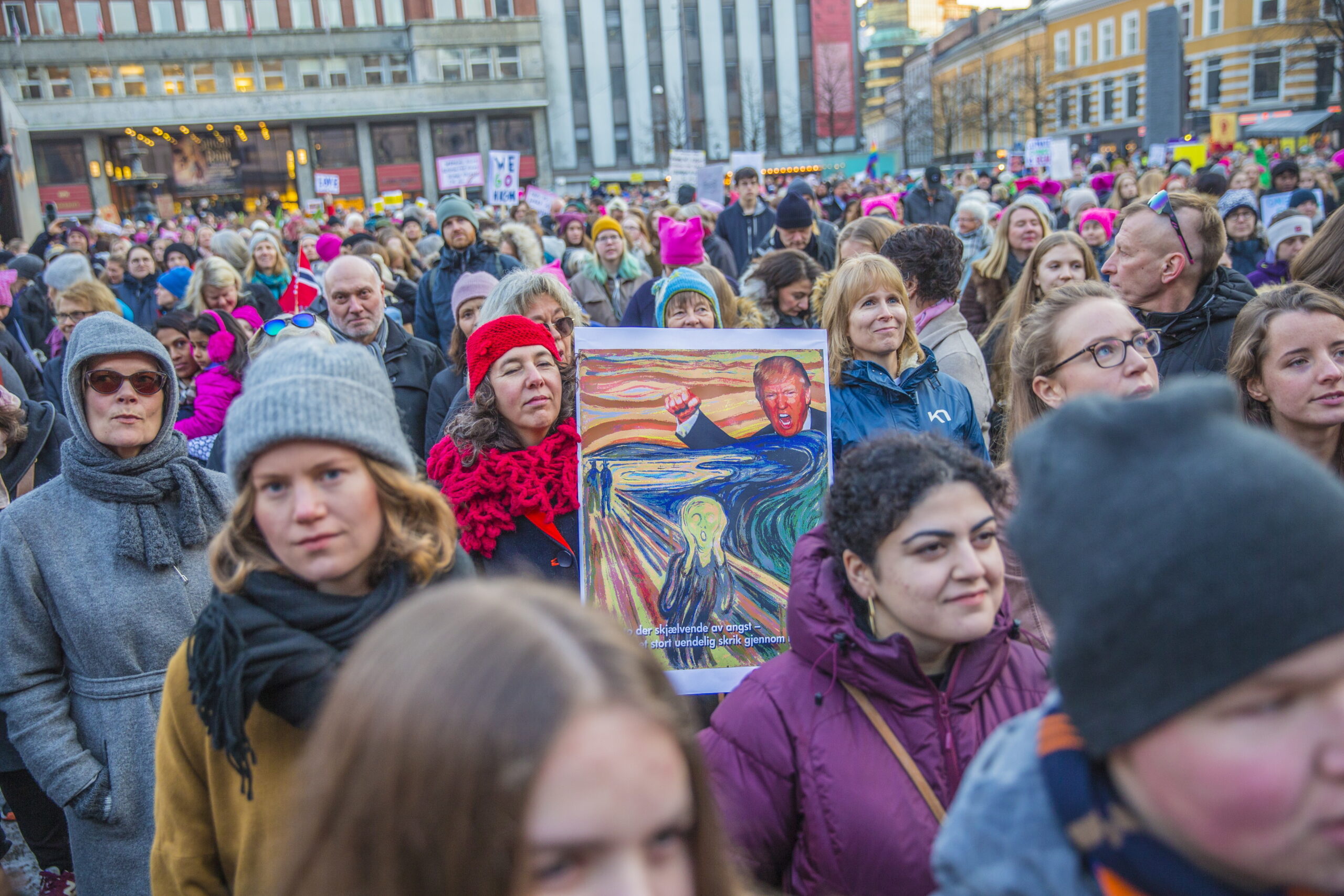 Protesters gather for a Women's March in Oslo, Norway, Saturday Jan. 21, 2017.  The march is being held in solidarity with the Women's March in Washington, and other cities worldwide, advocating women's rights and opposing Donald Trump's U.S. presidency.  (Stian Lysberg Solum / NTB Scanpix via AP) (AP)