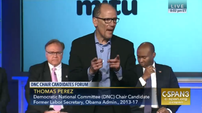 Former secretary of labor Tom Perez speaks at a debate held for candidates seeking to lead the Democratic National Committee. The event was sponsored by the group Democracy in Color and held Jan. 23, 2017. (Image via screenshot)