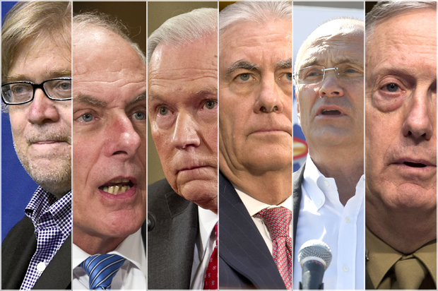 Steve Bannon; John F. Kelly; Jeff Sessions; Rex Tillerson; Andy Puzder; James Mattis (AP/Reuters/Getty)