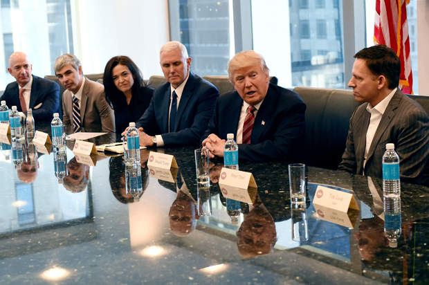 Jeff Bezos, Larry Page, Sheryl Sandberg, Mike Pence, Donald Trump and Peter Thiel meet at Trump Tower in New York, December 14, 2016. (Getty/Timothy A. Clary)