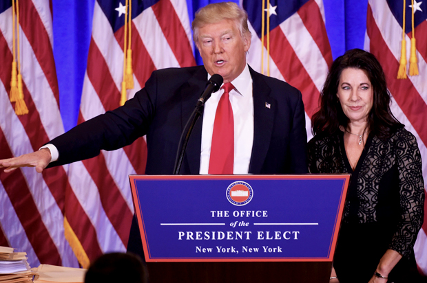 Donald Trump gives a press conference with his Attorney Sheri Dillon January 11, 2017 (Getty/Don Emmert)