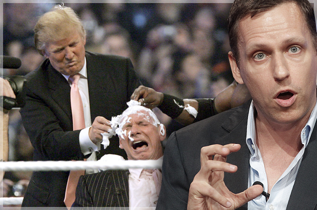 Donald Trump shaves the head of Vince McMahon at Wrestlemania 23; Peter Thiel (APCarlos Osorio/Reuters/Fred Prouser/Photo montage by Salon)