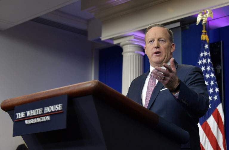 White House press secretary Sean Spicer speaks during the daily briefing at the White House in Washington, Monday, Jan. 23, 2017. Spicer answered questions about prescriptions drug costs, trade, President Donald Trump's schedule among other topics. (AP Photo/Susan Walsh) (AP)