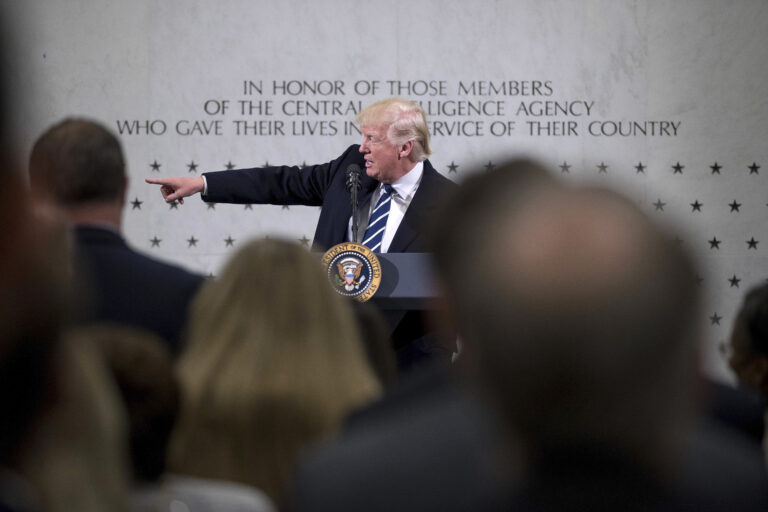 President Donald Trump speaks at the Central Intelligence Agency in Langley, Va., Saturday, Jan. 21, 2017. (AP Photo/Andrew Harnik) (AP)