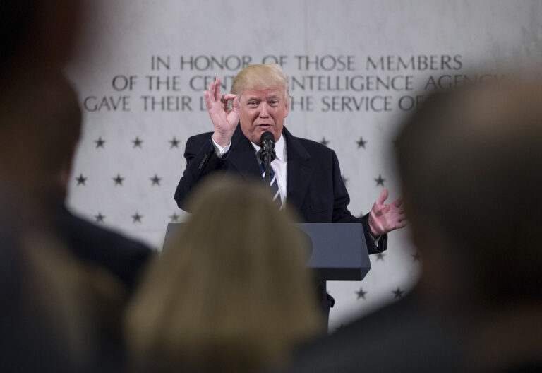 President Donald Trump speaks at the Central Intelligence Agency in Langley, Va., Saturday, Jan. 21, 2017. (AP Photo/Andrew Harnik) (AP)