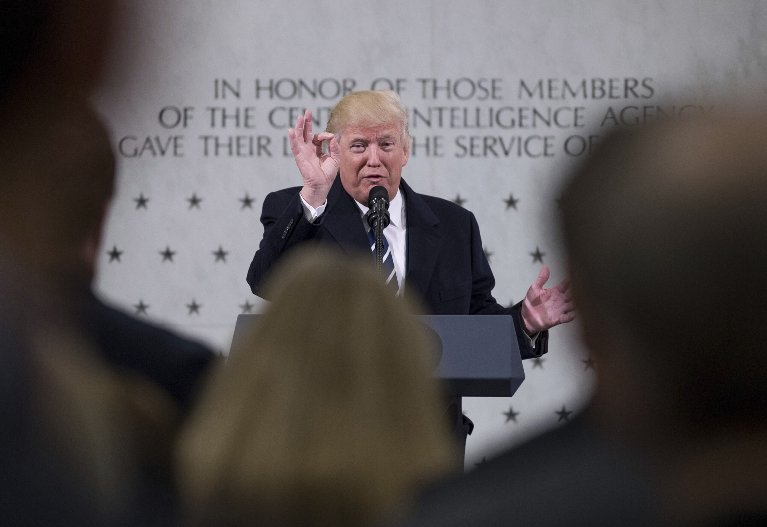 President Donald Trump speaks at the Central Intelligence Agency in Langley, Va., Saturday, Jan. 21, 2017. (AP Photo/Andrew Harnik) (AP)