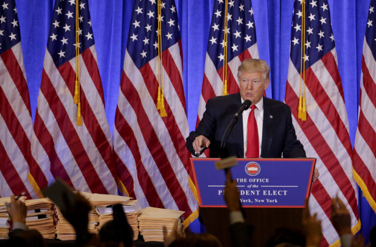 President-elect Donald Trump takes questions from members of the media during a news conference, Wednesday, Jan. 11, 2017, in New York. The news conference was his first as President-elect. (AP Photo/Seth Wenig) (AP)