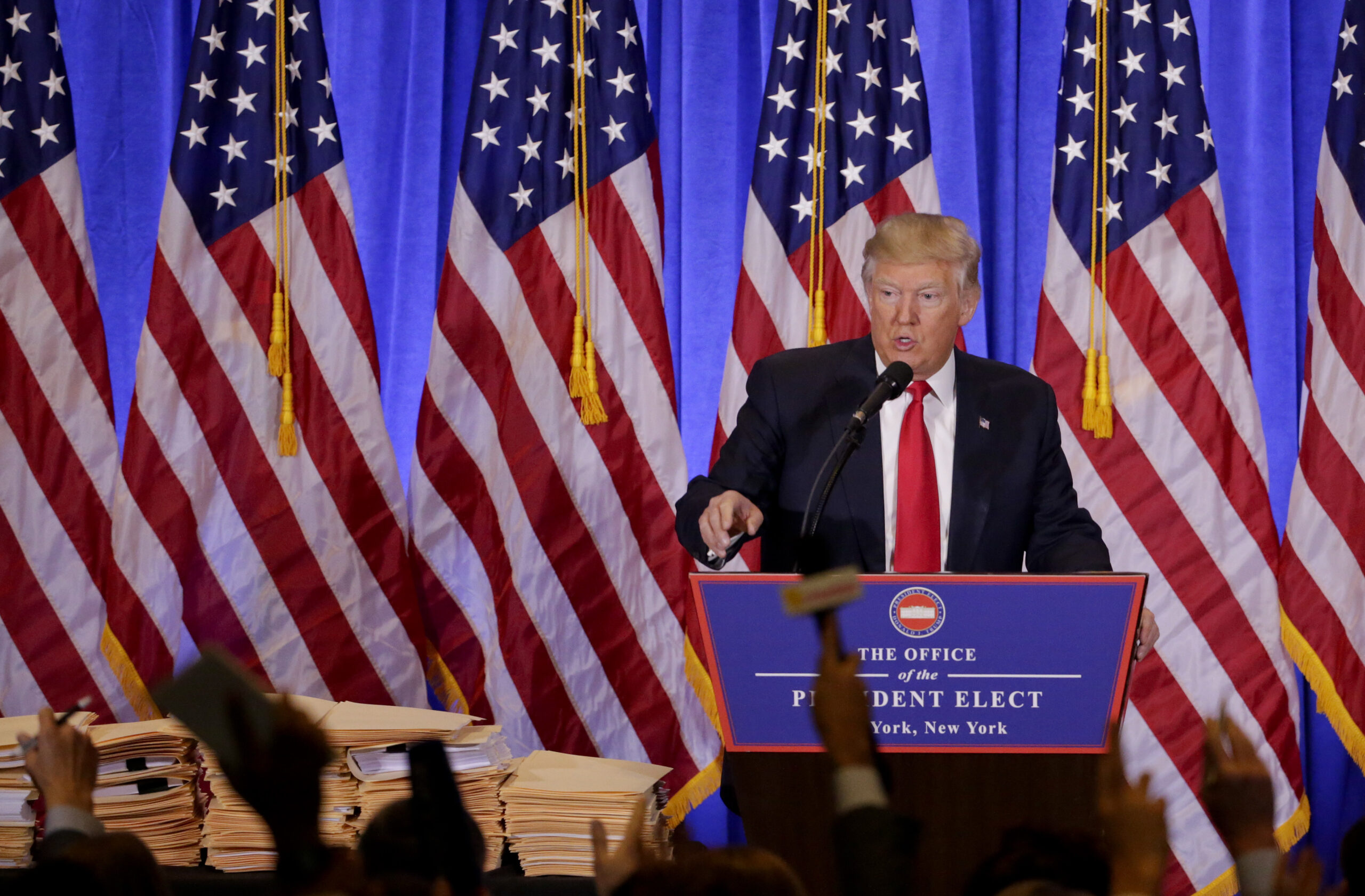 President-elect Donald Trump takes questions from members of the media during a news conference, Wednesday, Jan. 11, 2017, in New York. The news conference was his first as President-elect. (AP Photo/Seth Wenig) (AP)