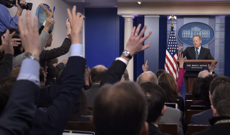 White House press secretary Sean Spicer calls on a reporter during the daily briefing at the White House in Washington, Wednesday, Jan. 25, 2017. Spicer answered questions about immigration, homeland security and other topics. (AP Photo/Susan Walsh) (AP)