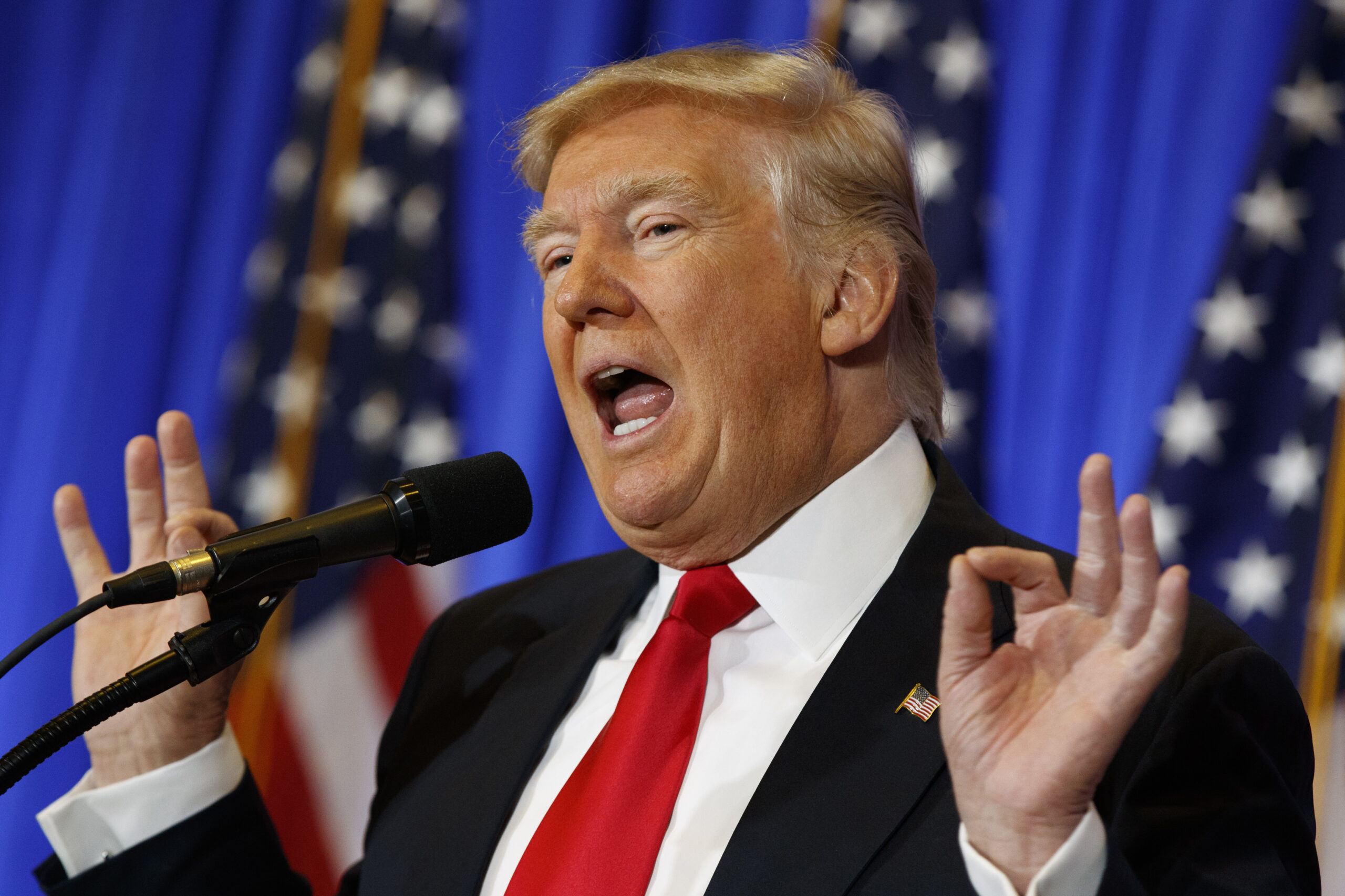 FILE - In this Jan. 11, 2017 file photo, President-elect Donald Trump speaks during a news conference in the lobby of Trump Tower in New York. Trump has promised to donate to the Treasury "profits" from foreign governments officials staying at his hotels. But he left unawares many questions about the practicalities, pitfalls and accountability.  (AP Photo/Evan Vucci, File) (AP)