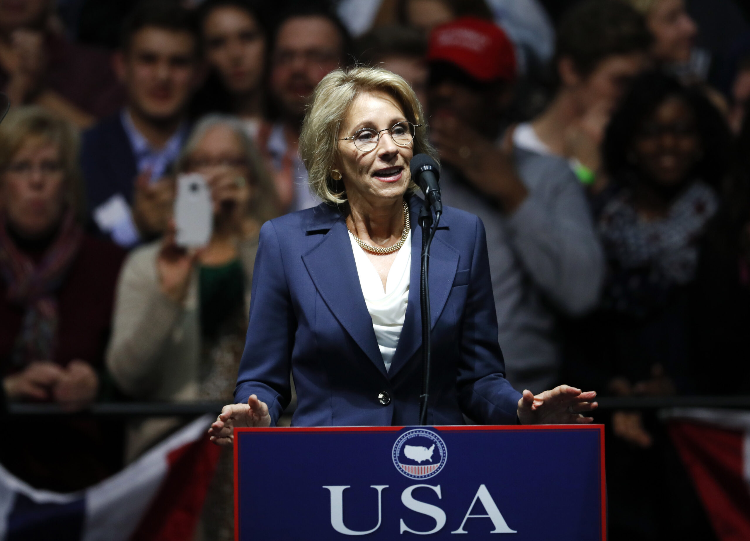 FILE - In this Dec. 9, 2016 file photo, Education Secretary-designate Betsy DeVos speaks in Grand Rapids, Mich. Charter school advocate and wealthy Republican donor Betsy DeVos is widely expected to push for expanding school choice programs if confirmed as education secretary, causing outrage among teachers’ unions. But Democrats and rights activists also are raising concerns about how her conservative Christian beliefs and advocacy for family values might impact minority and LGBT students.  (AP Photo/Paul Sancya, File) (AP)