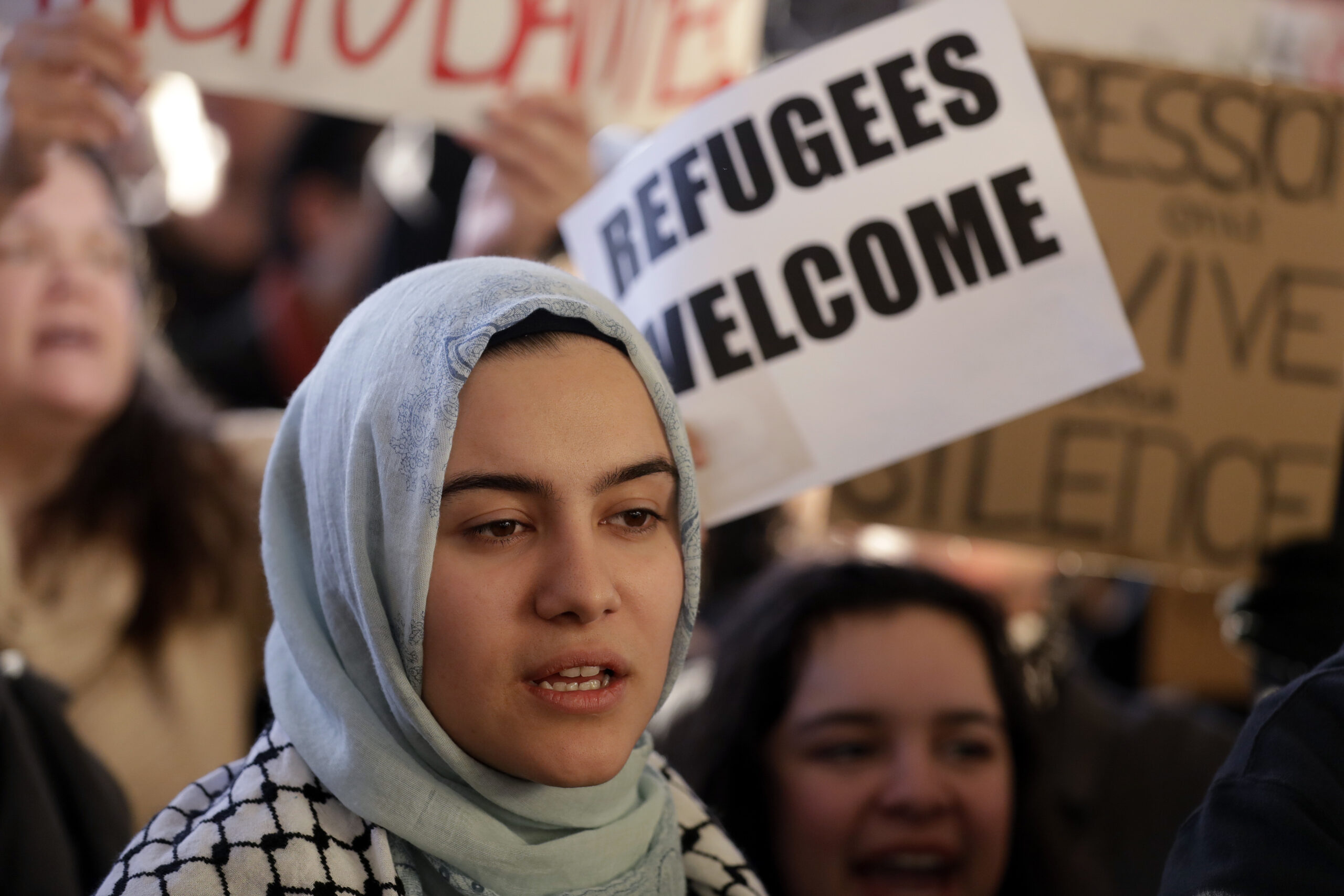 Protesters gather at San Francisco International Airport to denounce President Donald Trump's executive order that bars citizens of seven predominantly Muslim countries from entering the U.S. Saturday, Jan. 28, 2017, in San Francisco. (AP Photo/Marcio Jose Sanchez) (AP)