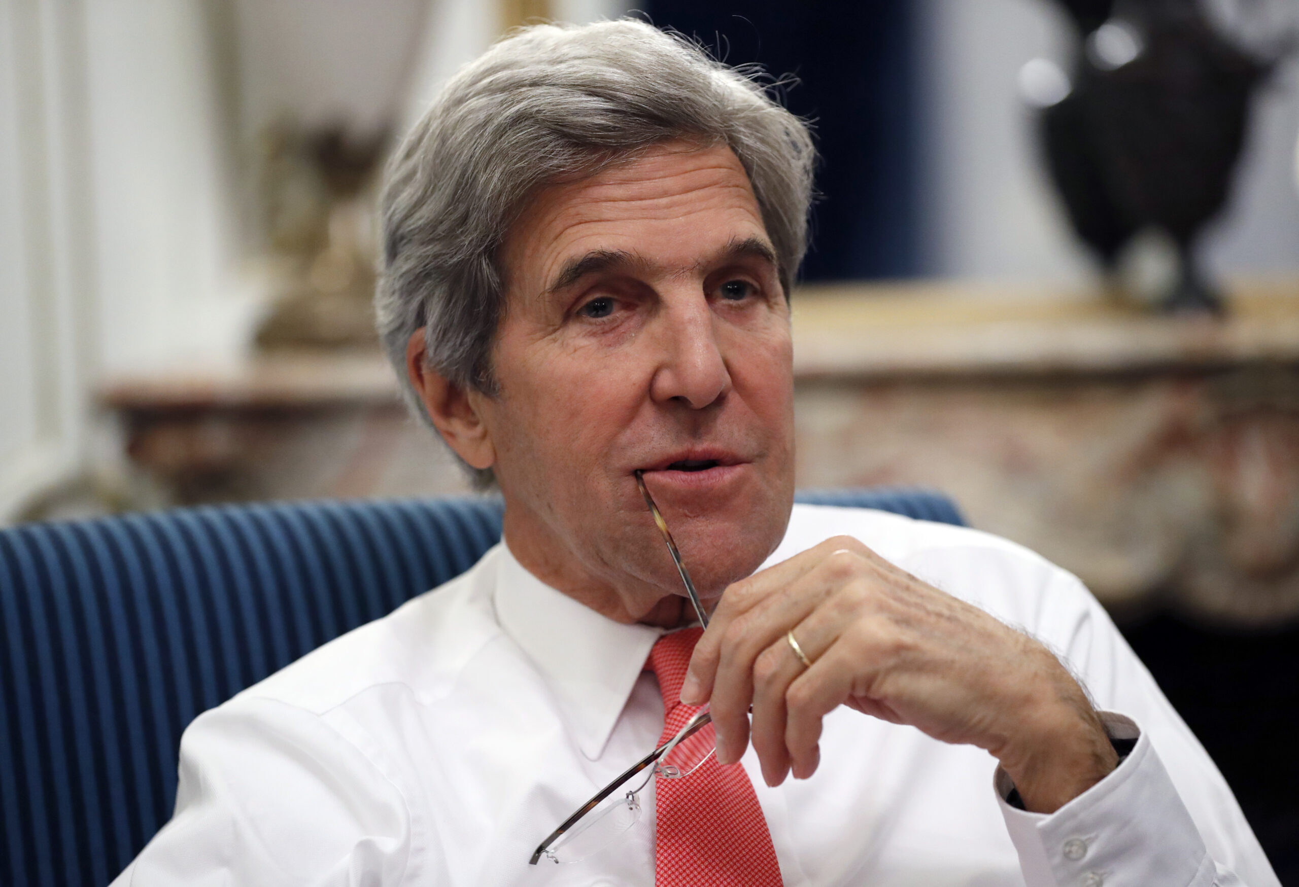 FILE - In this Jan. 15, 2017 file-pool photo, Secretary of State John Kerry speaks with the media in Paris. Defying Republican opposition, officials say the Obama administration in its waning hours quietly released $221 million to the Palestinian Authority that GOP members of Congress had been blocking. The official said John Kerry had informed some lawmakers of the move shortly before he left the State Department for the last time on.  (AP Photo/Alex Brandon, Pool, File) (AP)